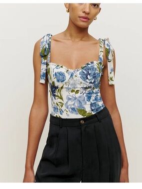 Reformation Blue and White Floral Tie-Shoulder Corset Top